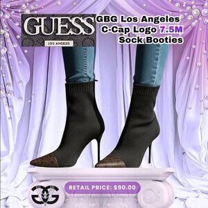 7.5 M - Guess Los Angeles sock upper Black Pointed-toe Bootie Monogram Cap Heels